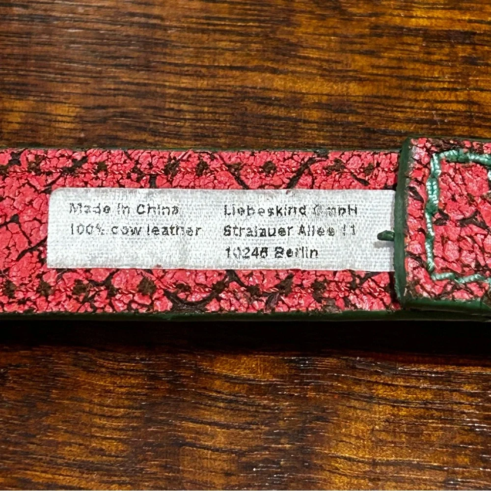 Liebeskind Berlin Coral Green Snake Embossed Leather Belt Brass Gold Buckle